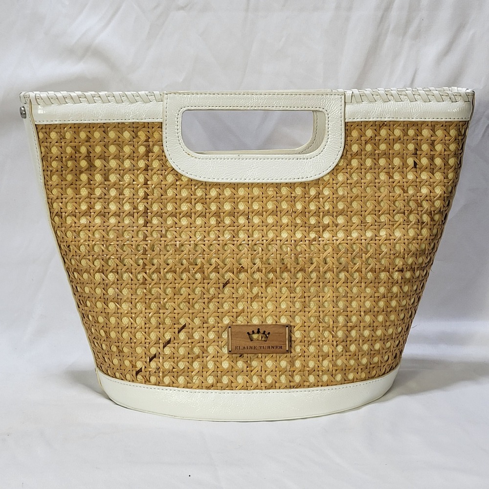 Elaine Turner Woven Straw Tote Bag White Trim Rattan Summer Handbag